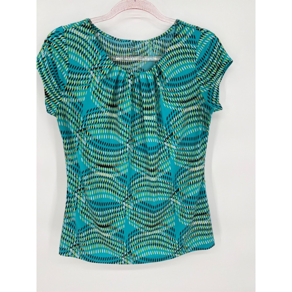 Worthington Womens Size PM Blue Yellow White Short Sleeve Career Blouse Top